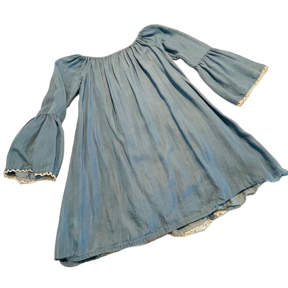 Hint Of Mint Women's Blue Boho Dress Small Lace Over Thin Blue Denim - Picture 2 of 8